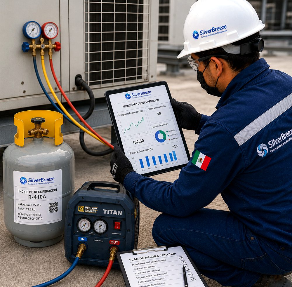 Técnico de Silver Breeze monitoreando la recuperación de refrigerante en una tablet con tablero de datos
